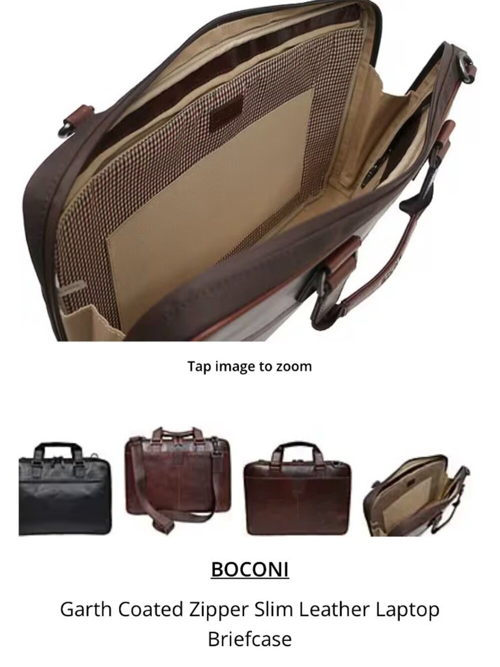 Boconi Garth Coated Zipper Slim Full Grain Leather Laptop Briefcase